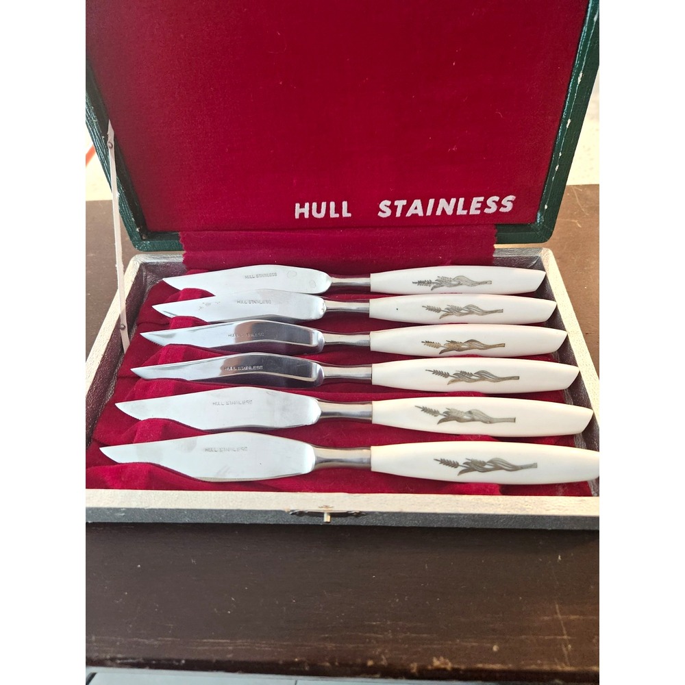 Hull Stainless Steel 6-Piece Knife Set w/ Case, White Handles Silver Antique